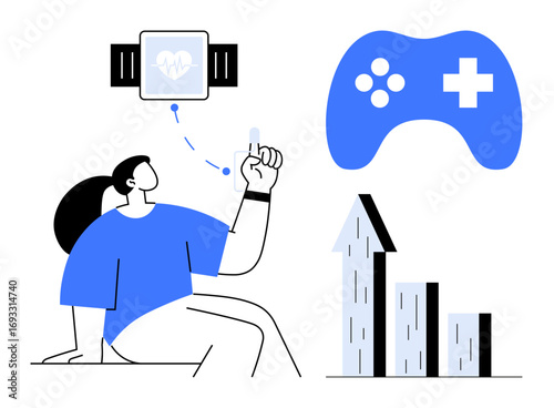 Person interacts with a smartwatch, fitness data, and gaming elements. Ideal for health, technology, gamification, productivity, motivation, goal tracking simple landing page