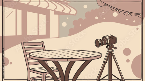 Outdoor Cafe Scene with Camera on Tripod.