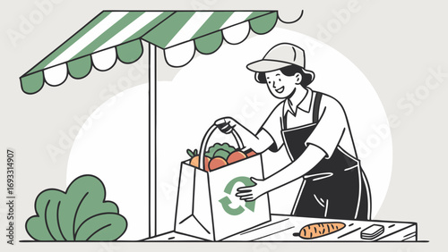 Person packing groceries into a reusable bag at a market stall.