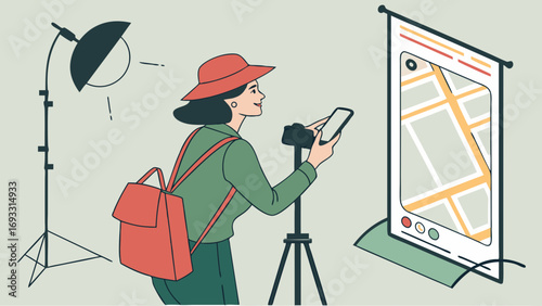 Photographer using smartphone and camera on tripod studio lighting setup map app illustration.