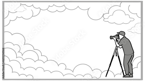 Photographer with Camera on Tripod Cloudy Sky Background Vector Illustration.
