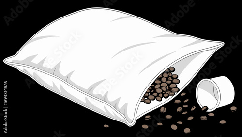 Pillow filled with coffee beans spilling out onto a surface with a small container.
