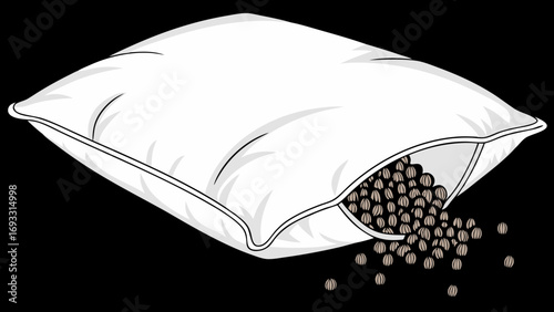 Pillow with filling spilling out white fabric sleep comfort relaxation beans seeds grains texture design element home decor interior design textile illustration graphic drawing ar.