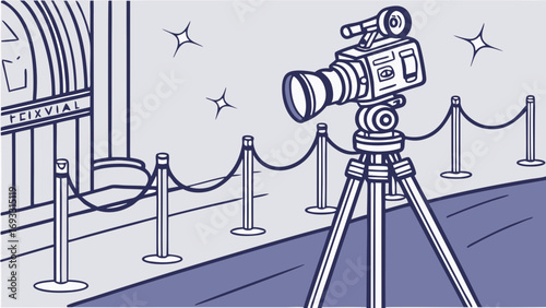 Professional Video Camera on Tripod at Event Entrance Filmmaking Movie Production Illustration.