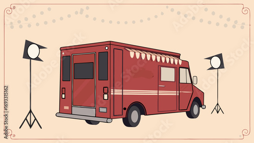 Red Food Truck Illustration Vintage Style Back View Studio Lighting Menu Design Template.