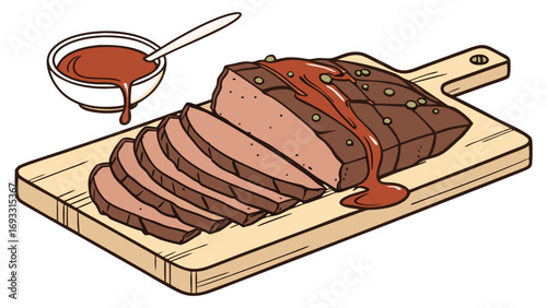 Roasted meat slices on a cutting board with sauce.
