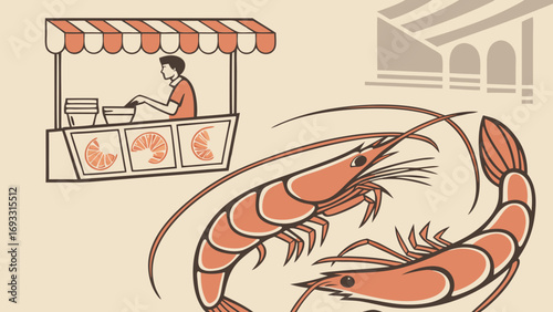 Shrimp illustration seafood market stall retro style food design vector graphic menu restaurant cafe fresh seafood prawns shellfish summer food market scene seafood illustration culi.