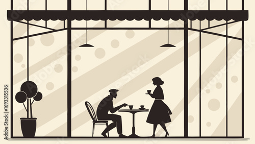 Silhouette of a man and a woman at a cafe enjoying coffee minimalist design vector illustration.