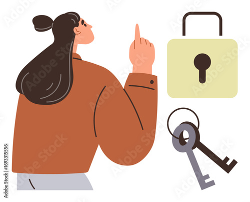 Woman pointing upwards, keyring with two keys and a large padlock. Ideal for security, privacy, login, access, protection, unlocking potential and trust concepts. Simple flat metaphor