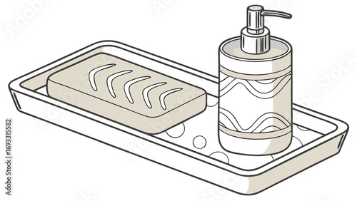 Soap dispenser and bar soap on a tray bathroom accessories hygiene products minimalist design vector illustration.