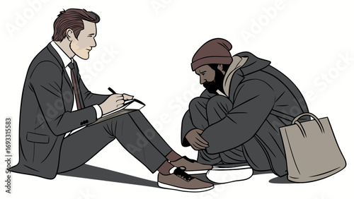 Social worker interviewing a homeless person vector illustration.