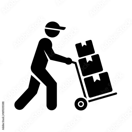 Delivery Worker Icon – Courier with Hand Truck and Boxes Silhouette Vector