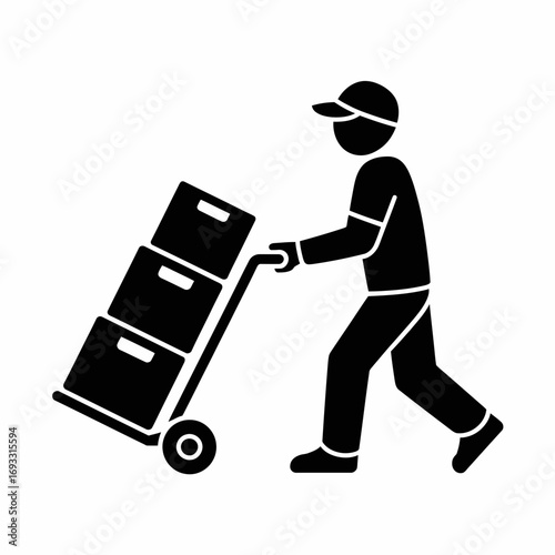 Delivery Worker Icon – Courier with Hand Truck and Boxes Silhouette Vector