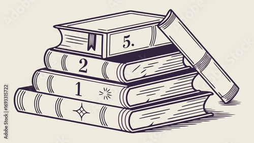 Stack of vintage books hand-drawn illustration educational concept reading library literature knowledge study textbook novel classic scholarly wisdom academic education learning s.