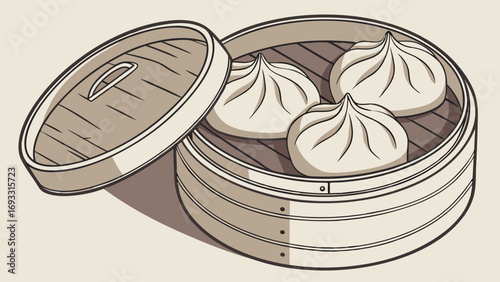 Steamed Buns in Bamboo Steamer Asian Food Illustration Restaurant Menu Design Culinary Graphic.