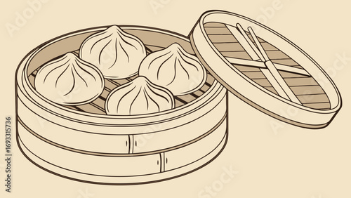 Steamed Buns in Bamboo Steamer Asian Food Illustration Delicious Dumplings Menu Design Recipe Book Illustration.