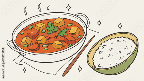 Steaming Hot Curry with Rice Asian Cuisine Illustration Food Illustration Menu Design.