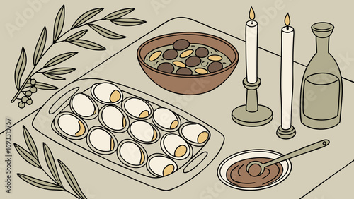 Still life illustration of a festive meal with eggs dip candles and olive branch.
