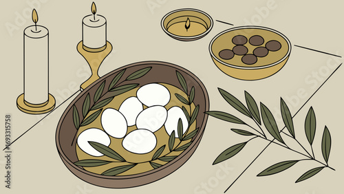 Still life illustration of eggs candles and olives in a minimalist style.