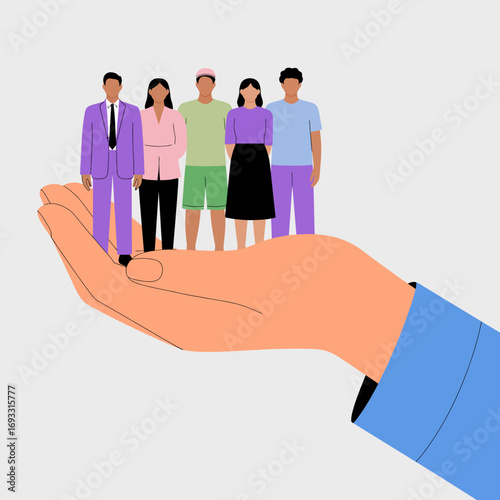 A large hand gently supports a small group of diverse individuals, showcasing themes of safety, support, community, and the importance of nurturing human connections.
