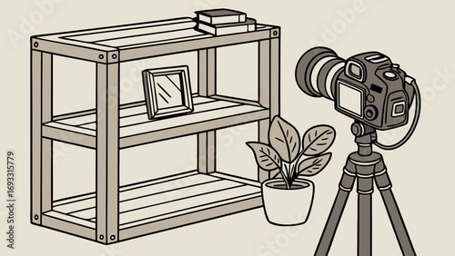 Still life photography setup with camera on tripod shelf and plant.