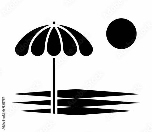 A minimalist black and white icon depicting a beach umbrella next to gentle waves and a bright sun, symbolizing relaxation and enjoyment of sunny beach days.