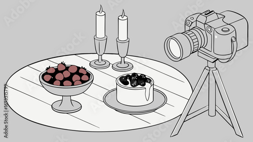 Still life photography setup with camera dessert and candles.