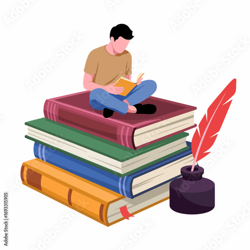 A young person is engaged in reading a book while seated on a stack of colorful books, with a quill and ink bottle placed nearby to symbolize writing and creativity.