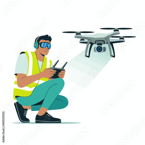 A focused drone operator squats while controlling a drone with a remote controller, enhancing aerial monitoring and observation skills in a professional safety setting.