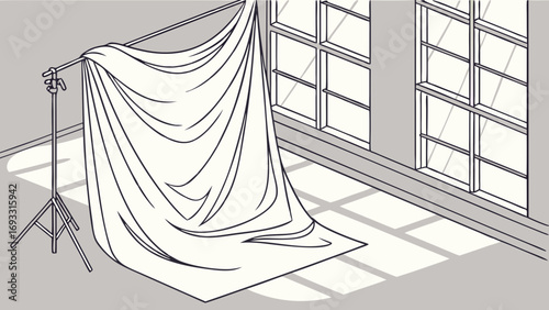 Studio backdrop white fabric draped on stand isometric view photography background simple design clean lines minimal background product photography setup graphic design element illustrat.