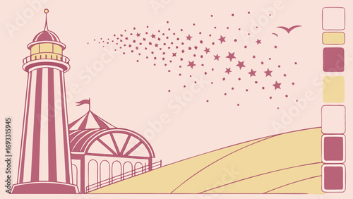 Striped Lighthouse and Pavilion with Starry Sky whimsical illustration pastel colors magical scene design element.