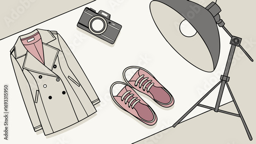 Studio Flatlay Photography Fashion Apparel Shoes Camera Lighting Equipment Illustration.