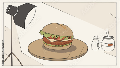 Studio Food Photography Delicious Burger on Wooden Board with Lighting Setup.