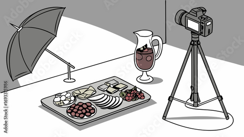 Studio Food Photography Setup Camera Lighting and Delicious Snack Platter.