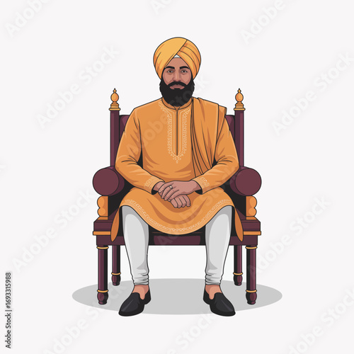 A dignified man wearing a traditional outfit and turban is seated on an ornate chair, showcasing cultural heritage and elegance in a serene environment.