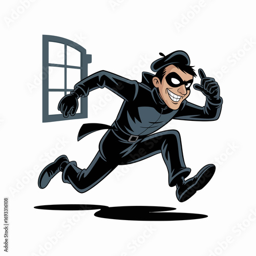 A cartoon thief, dressed in black, is making a hasty exit through a window, showcasing his mischievous demeanor and agility in a fun, animated style.