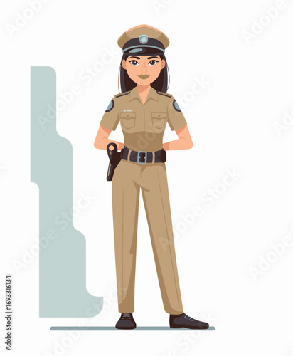 A confident female police officer stands poised in her uniform, emphasizing security and authority while showcasing professionalism and a commitment to public safety.