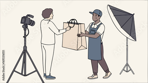 Studio Photography Session Person Receiving Package Product Shoot Unboxing Video Illustration.
