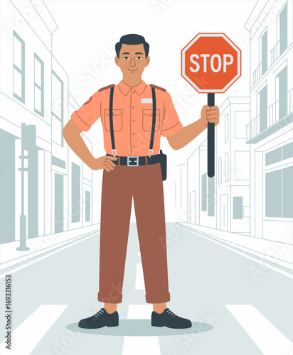 An illustration of a traffic officer confidently holding a stop sign, emphasizing the importance of traffic control and public safety in urban settings.
