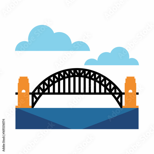This graphic illustration vividly represents the Sydney Harbour Bridge, showcasing its distinctive structure against a bright sky, ideal for minimalist and modern art lovers.