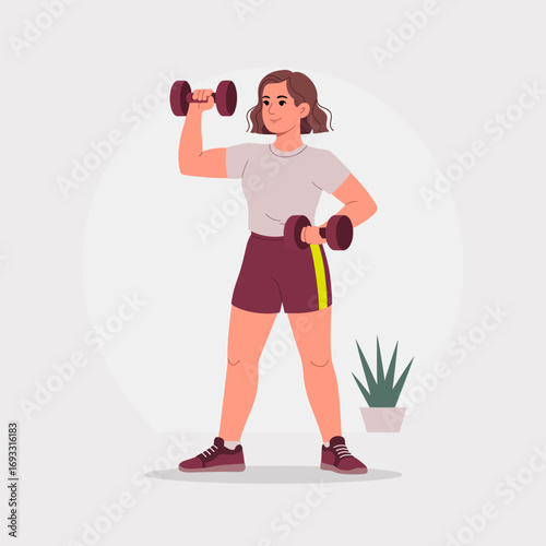 This image depicts a young woman confidently lifting dumbbells in an exercise setting, showcasing strength, fitness, and the importance of staying active and healthy.