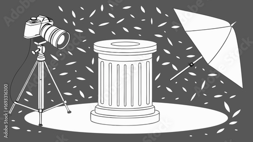 Studio Photography Setup with Column Camera and Umbrella.