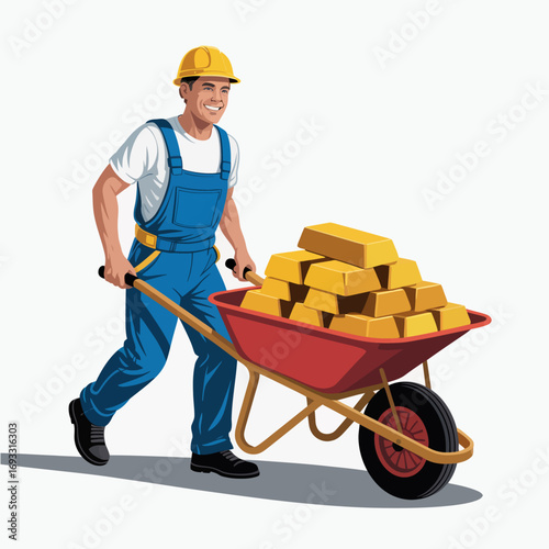 A cheerful worker confidently pushes a wheelbarrow filled with bright gold bars, symbolizing hard work, wealth, and prosperity in a stylized illustration.
