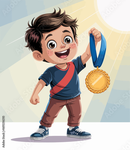 A cheerful young boy proudly displays his gold medal, showcasing his achievement and joy. The bright colors and expressive features highlight his excitement and victory.