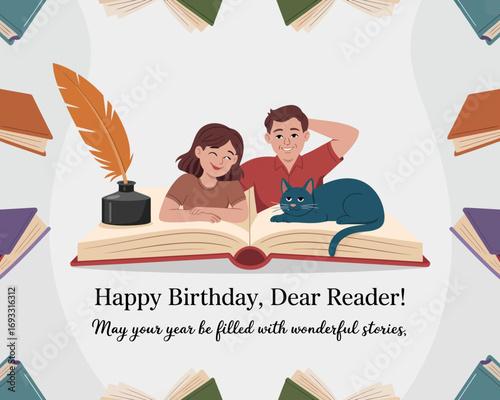 A cheerful birthday scene features a couple and a cat, captured in an illustrated book, symbolizing joy, warmth, and the importance of stories in our lives.