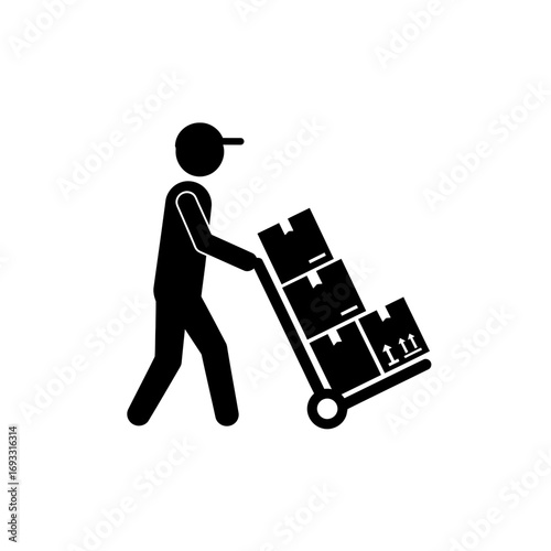 Delivery Worker Icon – Courier with Hand Truck and Boxes Silhouette Vector