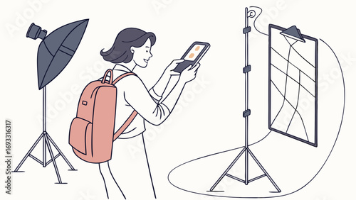 Studio Photography Setup with Person Reviewing Images on a Tablet.