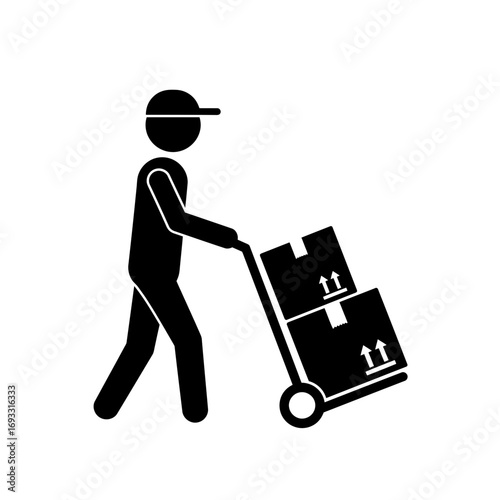 Delivery Worker Icon – Courier with Hand Truck and Boxes Silhouette Vector