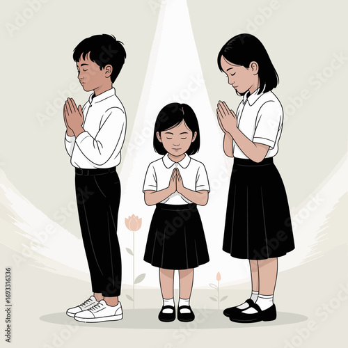 In this artwork, three children face forward, with a clear aura leading them, symbolizing togetherness and innocence as they prepare to engage in a pantheon of values.