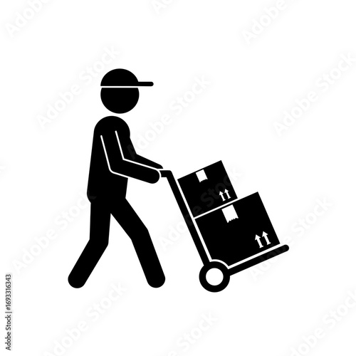 Delivery Worker Icon – Courier with Hand Truck and Boxes Silhouette Vector